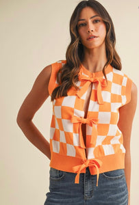 Checked Front Open Tie Bow Sweater Vest