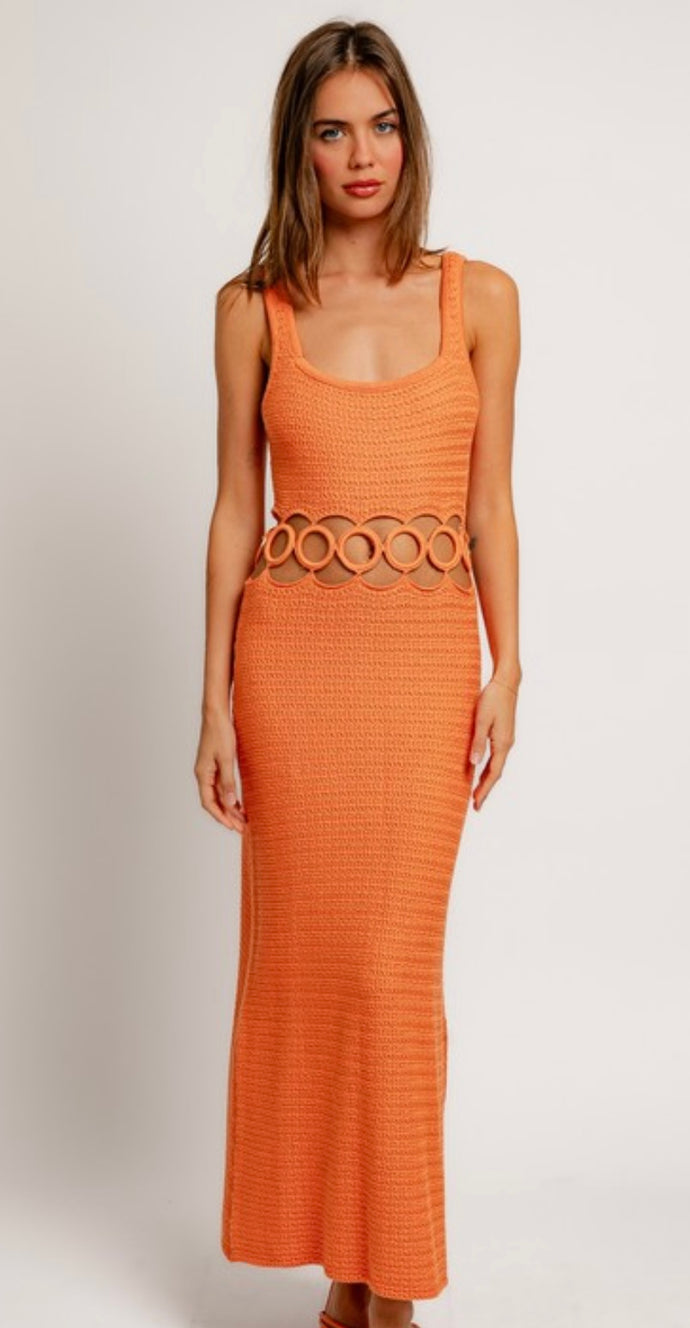 Orange Square Neck Crochet Midi Dress