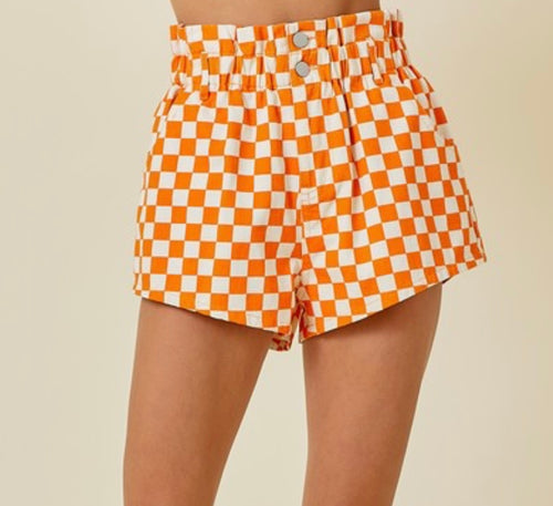 Checkered Orange and Light Taupe Shorts w/ Elastic Wasit