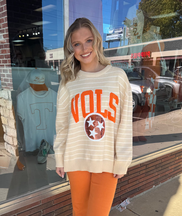 Queen of Sparkles Tennessee VOLS Vintage Beige Stripe Sweater