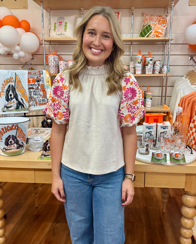 Beige Suede Top w/ Floral Embroidery