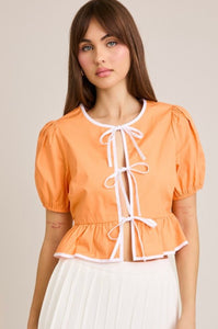 Orange Puff Sleeve Bow Detail Open Blouse