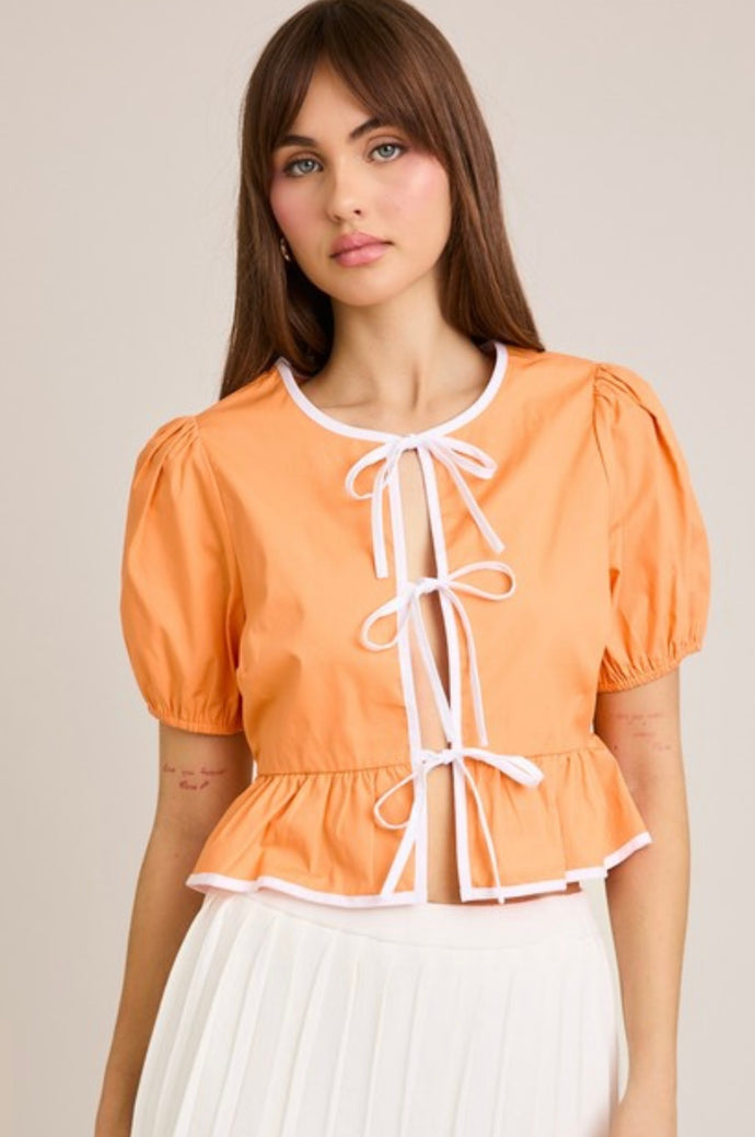 Orange Puff Sleeve Bow Detail Open Blouse