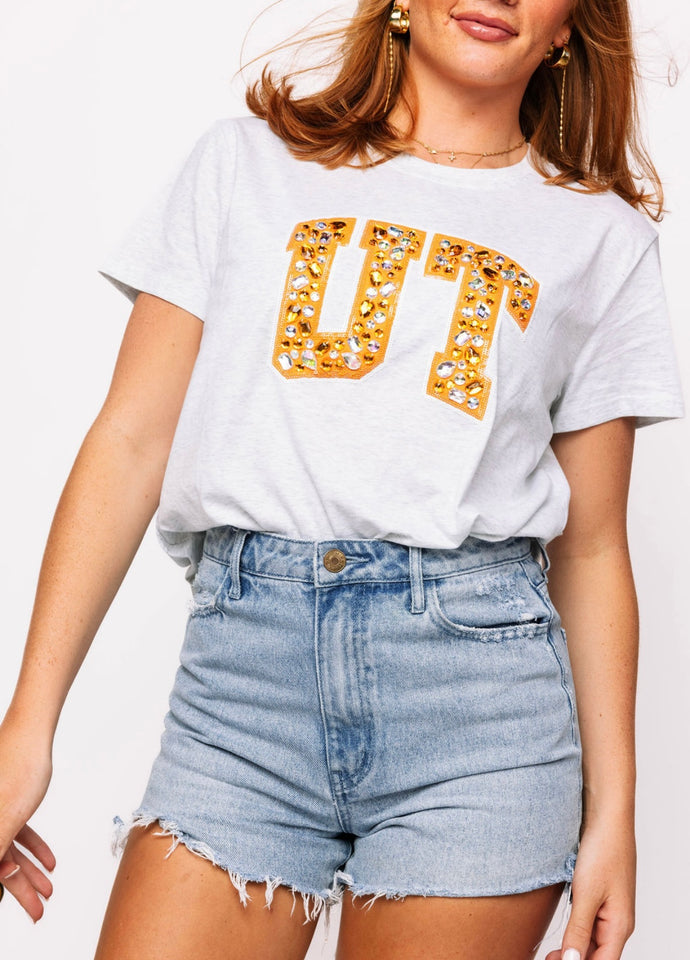 Queen of Sparkles Light Grey Tee w/ Jeweled Letter UT