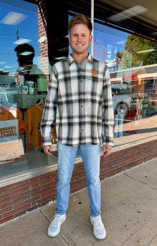 Men’s Grey Plaid Flannel Button Down w/ Power T
