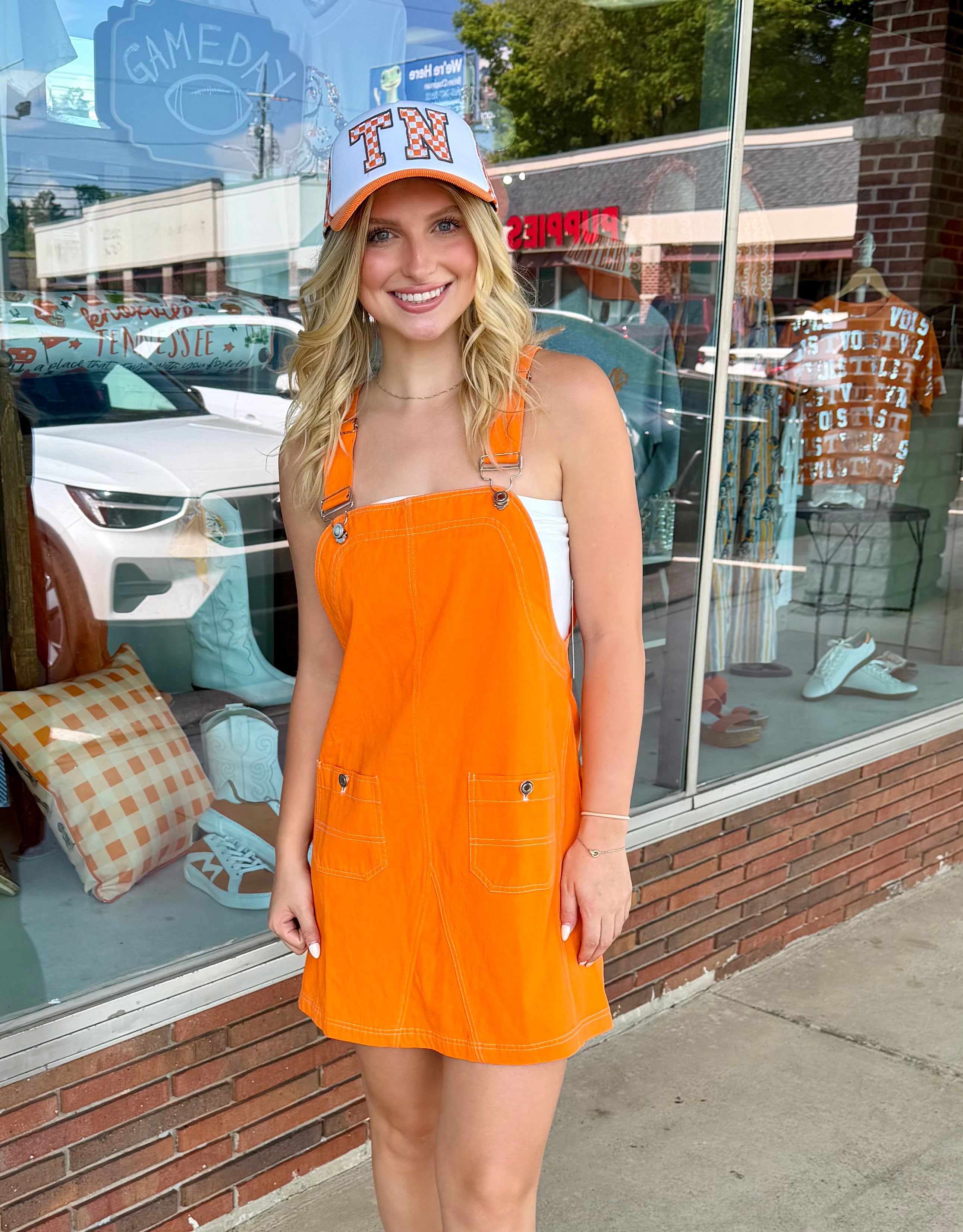 orange overall dress Solid Overalls – JP Coffin's Boutique or long sleeves Size:3 (Size 10 - 12) COLLECTION:Poplin Vineyard Stroll Yellow Floral