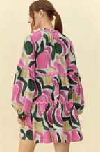 Load image into Gallery viewer, Green Pink Print Frill Tassel Tie Neck Dress