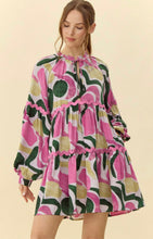 Load image into Gallery viewer, Green Pink Print Frill Tassel Tie Neck Dress