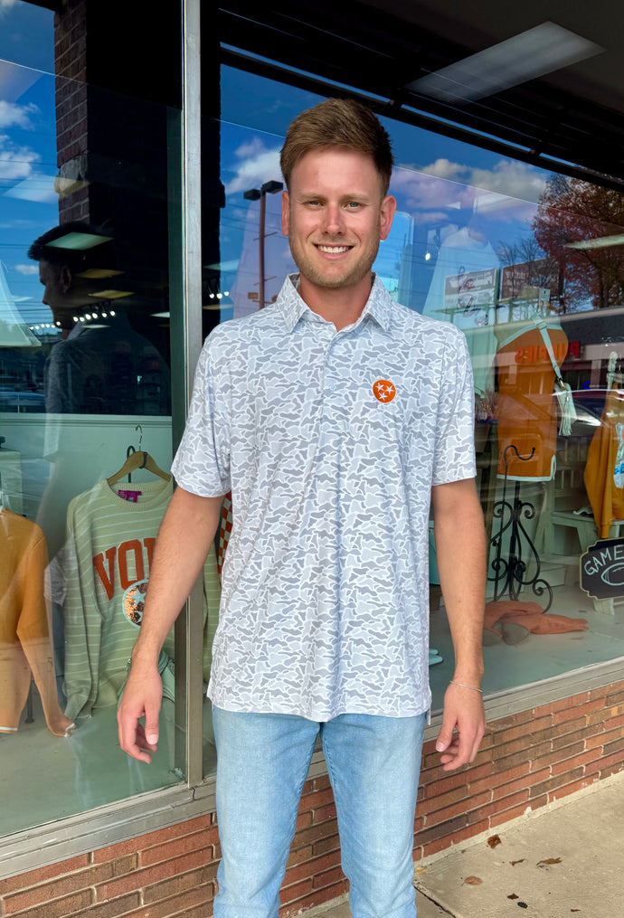 Men’s Grey Camo Tri Star Short Sleeve Polo