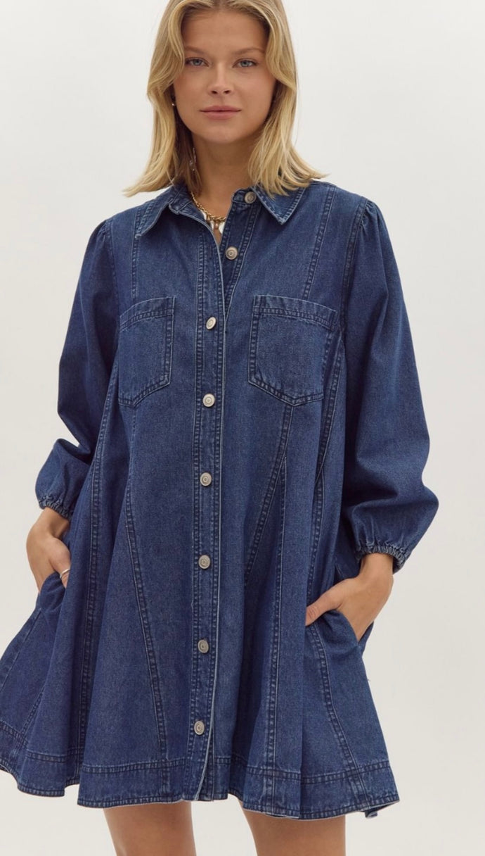 Dark Denim Collared Button Up Dress