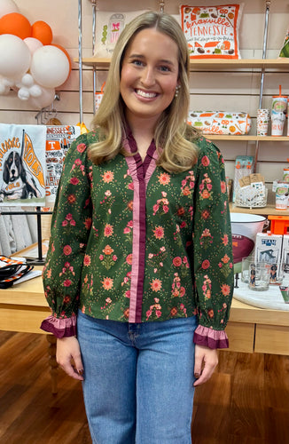 Green and Burgundy Floral Blouse