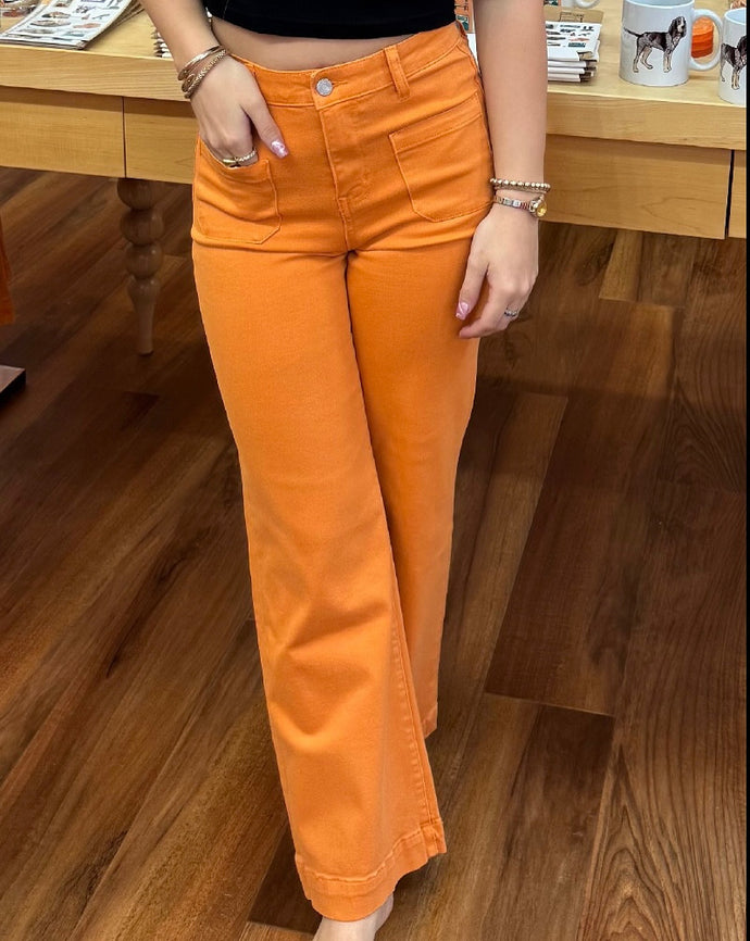 Ankle Cut Wide Leg Orange Jeans - Model is 5’4 wearing a 25